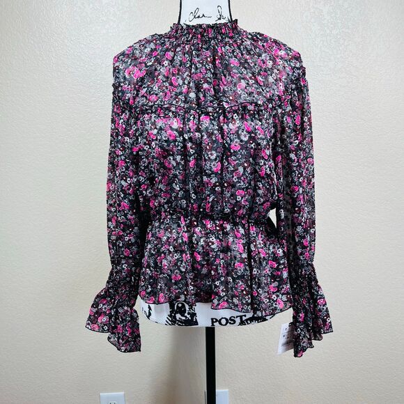 Zara black blouse Floral print Long sleeve peplum top boho romantic size M - Picture 13 of 13